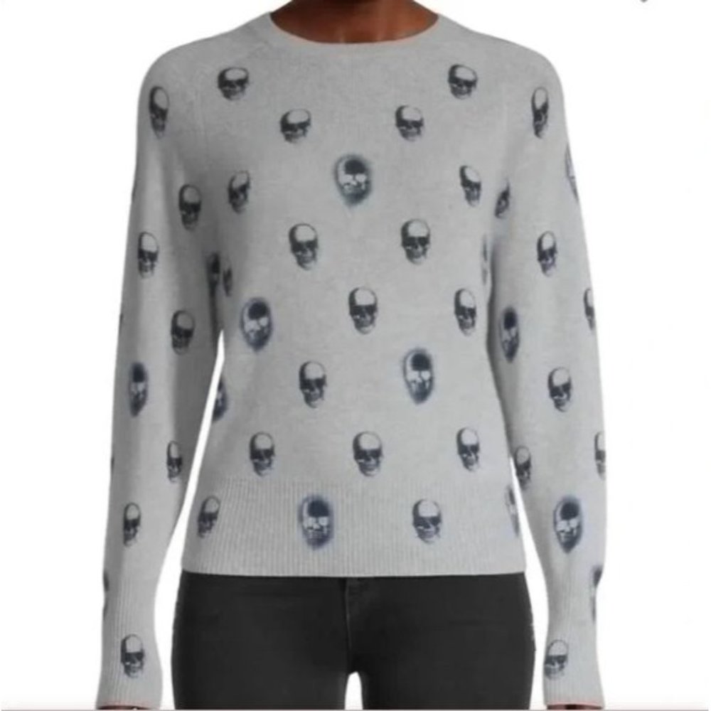 Skull Cashmere Light Gray Crewneck Sweater with Skull Motif